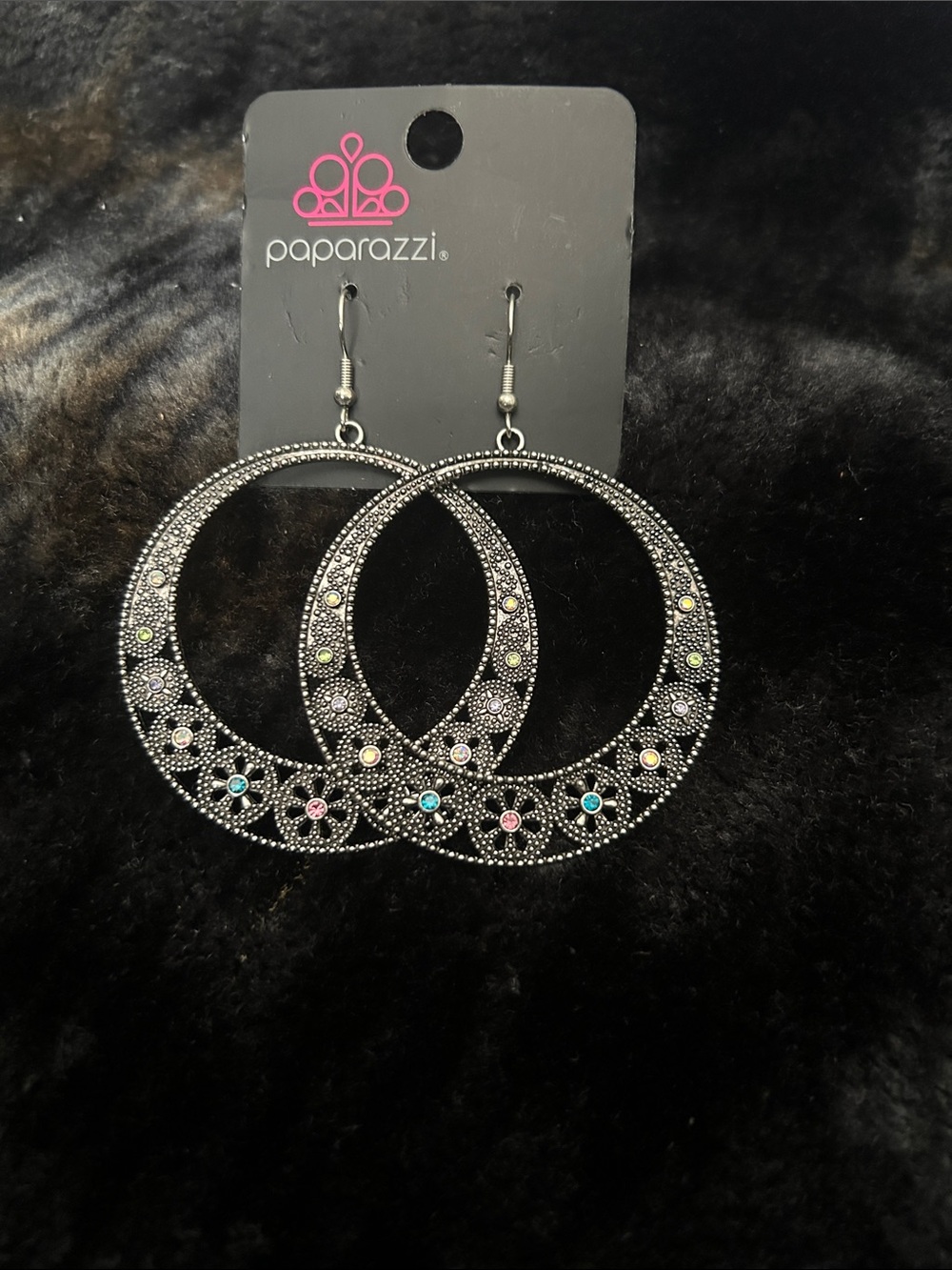 paparazzi Silver Hoop Earrings with Pink Blue Yellow Accents